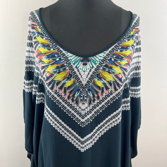 RED CARTER Black M/L Swim Cover Up Tunic Top Boho Peacock Scoop Neck 3/4 Sleeves - Picture 2 of 10